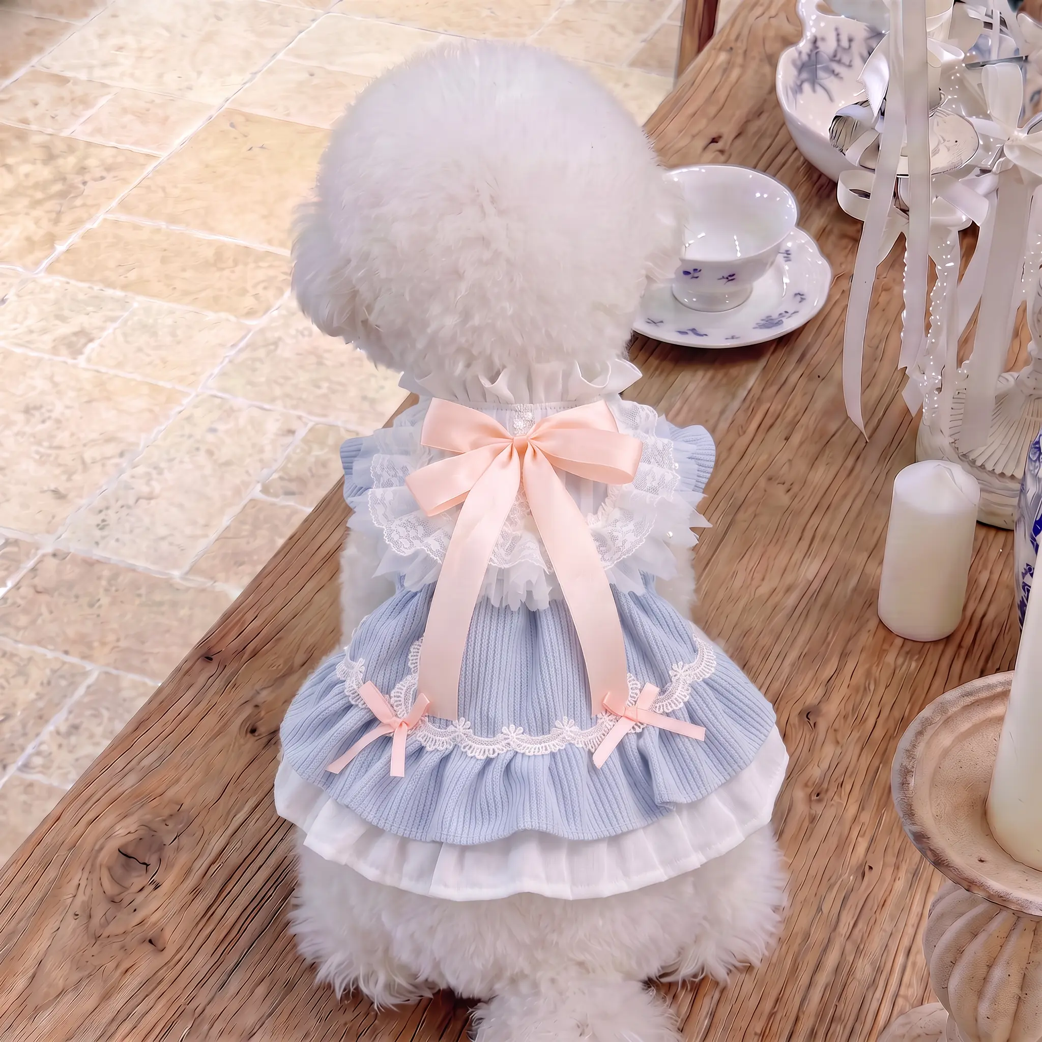 [Chubby melon]Blue-and-pink color-blocked Lolita dog dress for Bichon Frise, Maltese, and Poodle; princess dress with bow, spring/summer dog clothing outfit