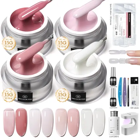 TRICOLOR FISH 3-in-1 Polygel Nail Kit - 3-in-1 Building Gel, 4 Smooth Pastel Polish Gel, Base Coat, Glossy Top Coat, Art Pen for Beginners & Enthusiasts DIY French Tip, At-Home Extensions & Care