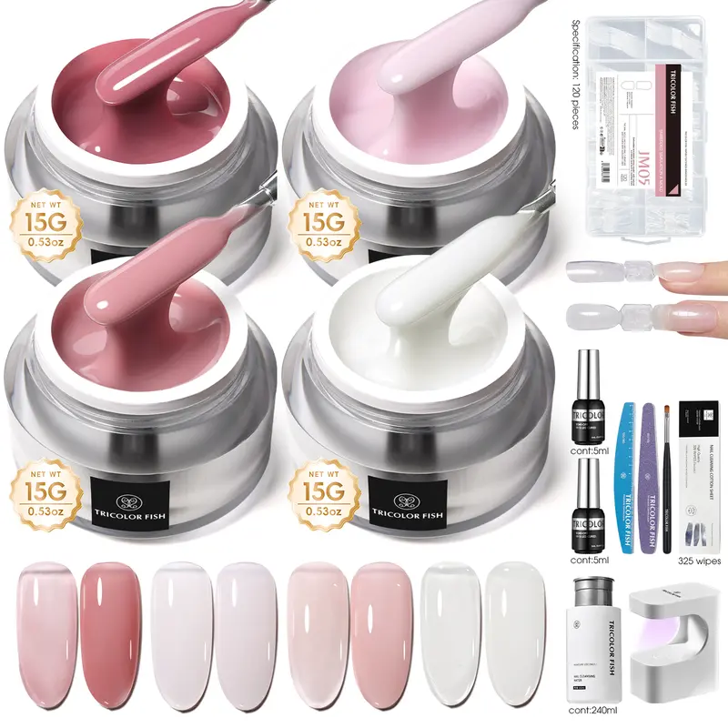 TRICOLOR FISH 3-in-1 Polygel Nail Kit - 3-in-1 Building Gel, 4 Smooth Pastel Polish Gel, Base Coat, Glossy Top Coat, Art Pen for Beginners & Enthusiasts DIY French Tip, At-Home Extensions & Care