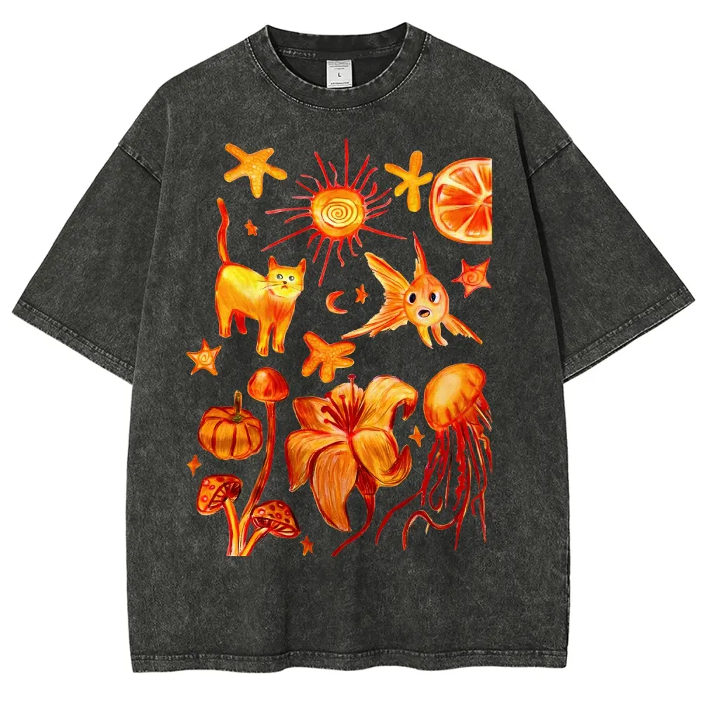 Orange World Retro Hand Painted Whimsical Orange Nature Vintage Tee 90s Graphic Tees Men's t Shirts Graphic Tee t Shirts Funny Graphic Tee Good Graphic Tees Men's Graphic Tees Streetwear Outfits Men Vacation Outfits Oversized Tshirt Men