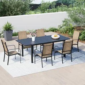 7-Piece Expandable Patio Dining Set w/6 Textilene Chairs & 1 Extendable Table, All-Weather Outdoor Furniture for Deck, Backyard, Poolside (Brown/Blue/Gray)