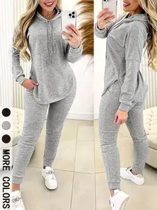 Women's Cozy Hoodie & Jogger Set, Soft  Fabric & Drawstring Hoodie & Side Slit Detail & Elastic Waist Joggers & Multiple Colors