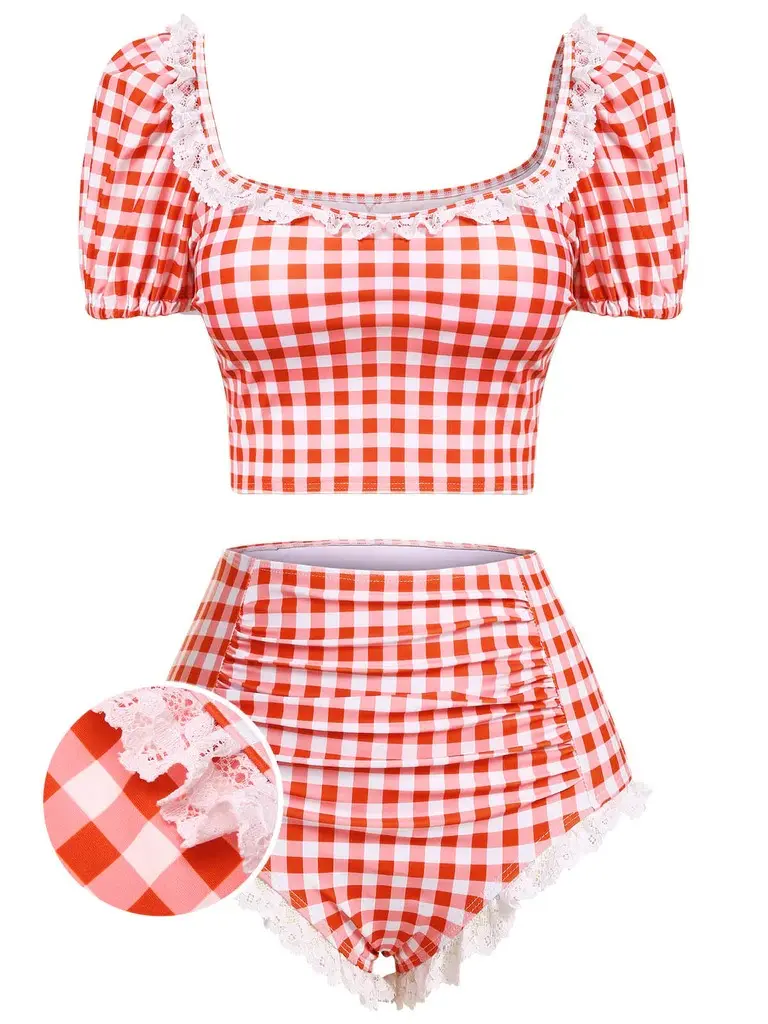 RETRO STAGE Women's High-Stretch Tankini Swimsuits Set - Retro Plaid-Lace Patchwork High-Waisted Cowboy Style, Ruffle Twist Swim Top, Sporty Swimsuits Women for Sports & Outdoor Usevacation swimwear for women cute summer outfits Ruched Bikini Set