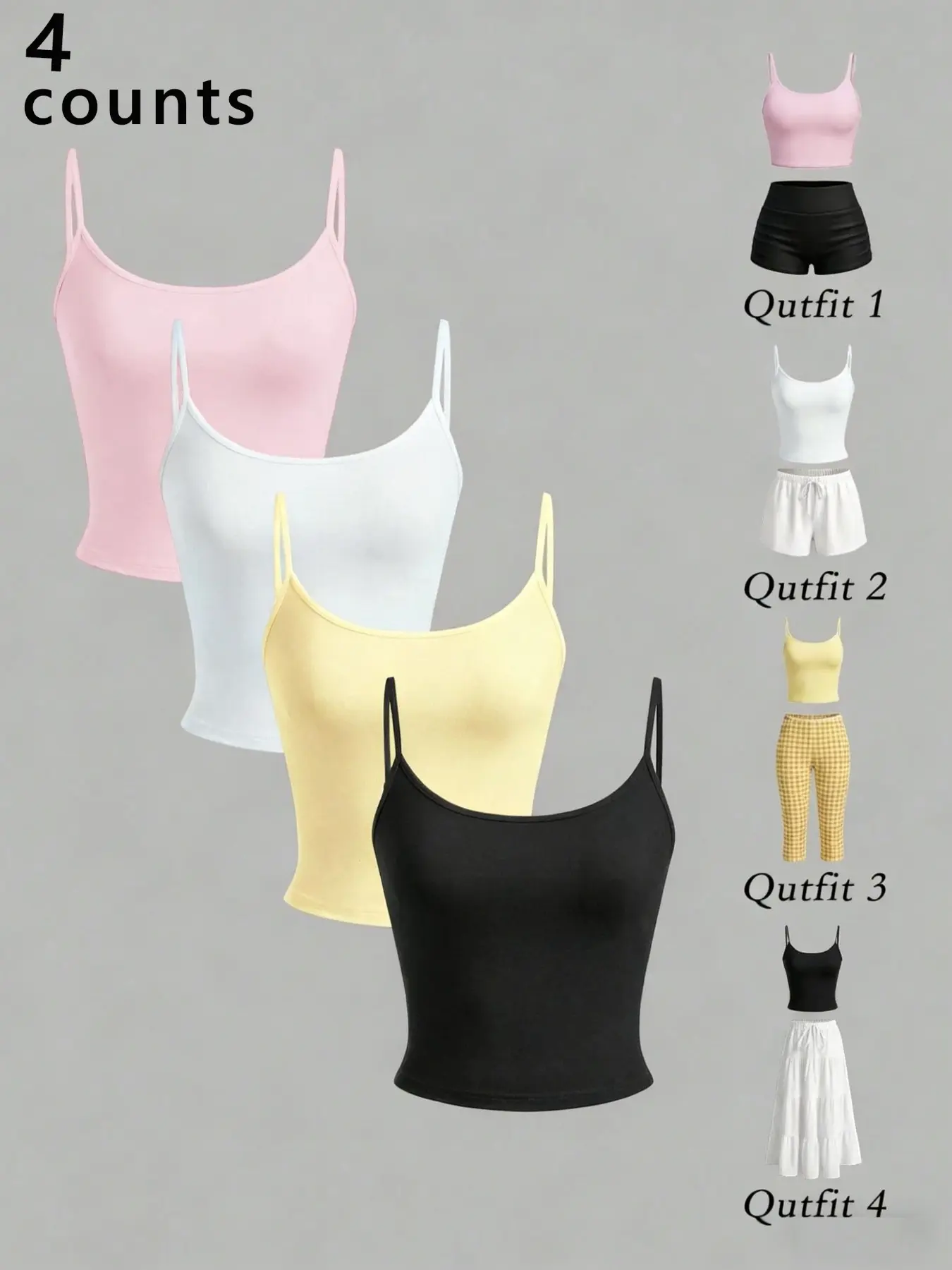 Set of 4 Women's Solid-Color, Summer Cropped Sleeveless Cami Tops, Camisole Tank Top, Y2K Slim-Fit Spaghetti-Strap Camisoles with Adjustable Straps, Versatile: pair with capris, shorts, Perfect for summer and everyday wear