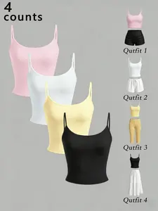 Set of 4 Women's Solid-Color Summer Cropped Cami Tops, Y2K Slim-Fit Spaghetti-Strap Camisoles with Adjustable Straps. Versatile styling options: pair with capris, leggings, shorts. Perfect for summer, everyday, and Casual wear