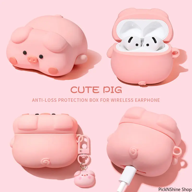 Kawaii 3D Pig Handheld Rechargeable Earphone Case - Scratch-Resistant Soft Silicone Cartoon Shell, Compatible with Wireless Earbuds 4, Pro 2 & Pro 3 Charging Cases