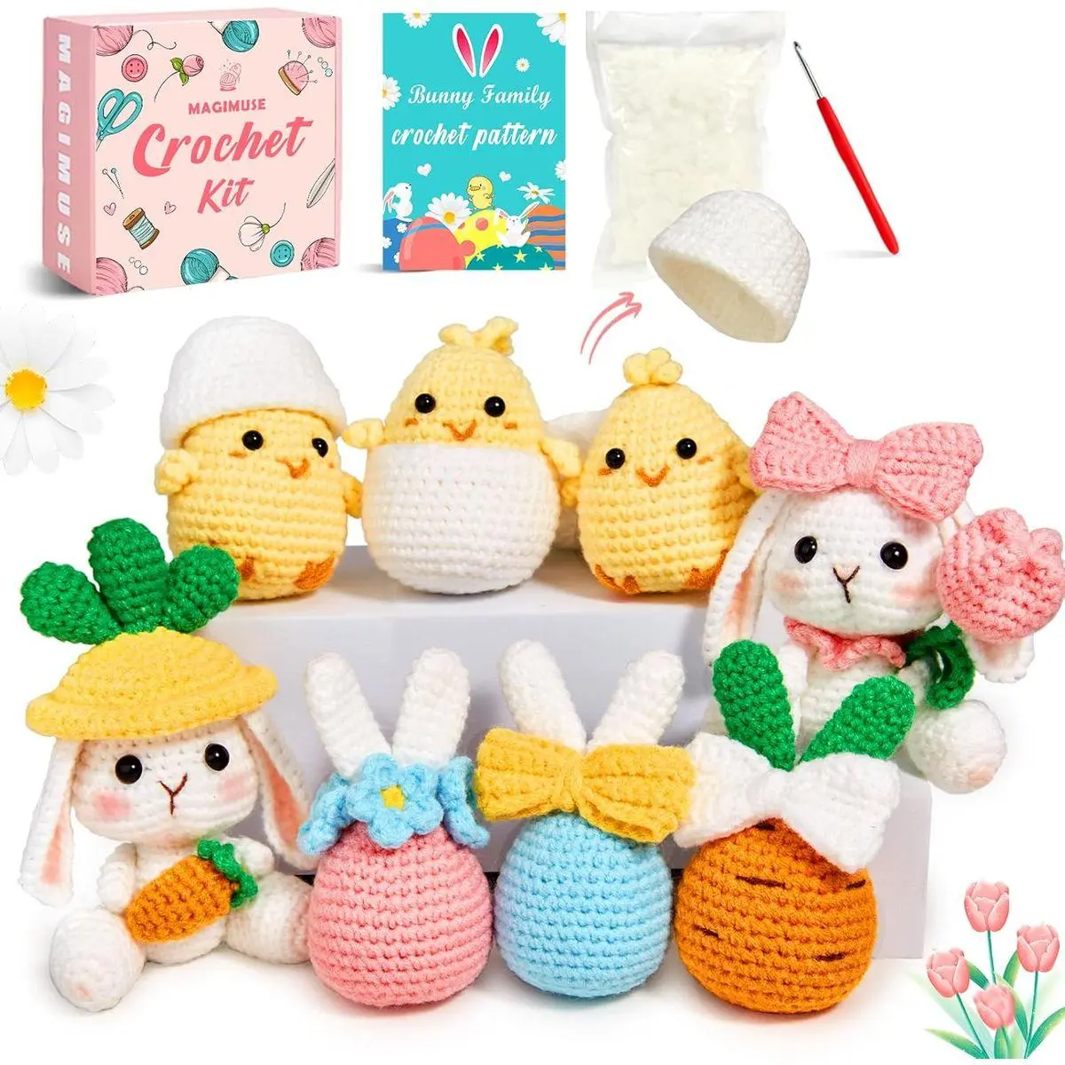 Crochet Kit for Beginners, Crochet Starter Kits for Adults Amigurumi Craft Knitting Crochet Animals Kits w Step-by-Step Video Tutorials, Easter Bunny/Chick/Eggs(40%+ Yarn)