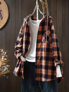 Elegant Plus Size Women's Plaid Shirt with Pockets Drawstring Hood Long Sleeve Casual Fashion Top for Spring & Fall Seasons