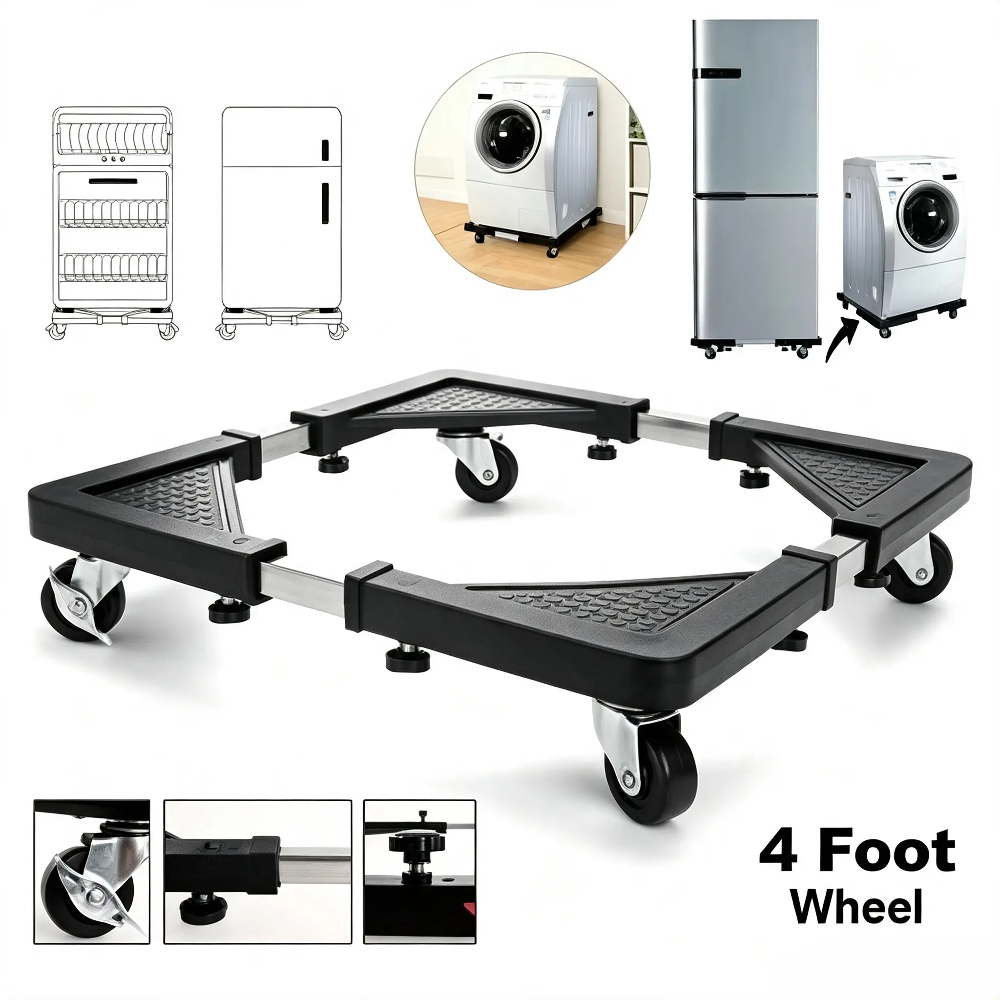 Stainless Steel Height-Adjustable Appliance Support Base Frame - Telescopic Design, Omnidirectional Caster Wheels, Brake Wheels, Non-Caster Feet, Compatible with Washing Machines, Refrigerators (for Home Users)