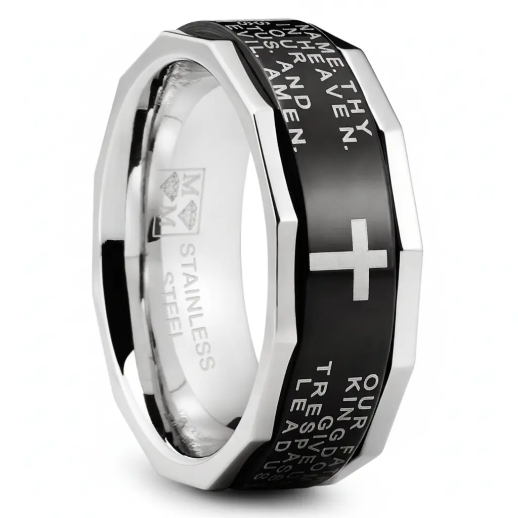 Men's Lords Prayer Stainless Steel Ring Christian Cross Bible Two-Tone 7-13