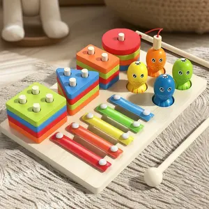 Montessori Multifunctional Three-In-One Early Education Wooden Toy Set, Geometric Shape Stacker, Shape Sorter, Magnetic Fishing, Piano, Stem Education