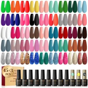 ROSALIND 48PCS Gel Nail Polish Set, Pastel Pink Green Gel Nail Polish Colors with 3PCS Base Top Coat Sparkle Rainbow Light Colors Gel Polish Set for Her
