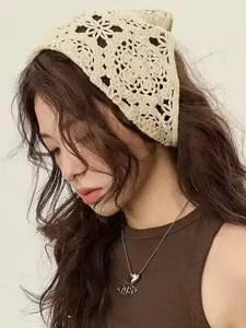 Spring Summer Handmade Knitted Triangle Hair Accessory, Sweet Cute Hippie Boho Artistic Crochet Headband, Vintage Hollow Out Hair Band
