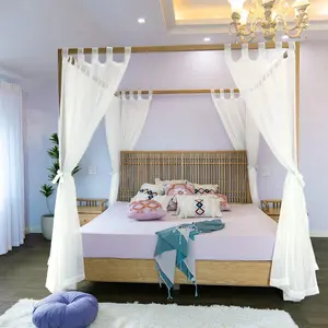 Sheer Bed Curtains for King, Queen, Full and Twin Bed, 4 Corner Bed Canopies & Drapes, Four Poster Bed Curtains Beds, Sheer Curtains for Bed Drapes, Ivory