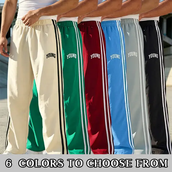 Men’s straight-leg long pants with side double stripes, available in six colors, featuring “YOUNG” embroidered lettering, elastic waistband, breathable casual design.
