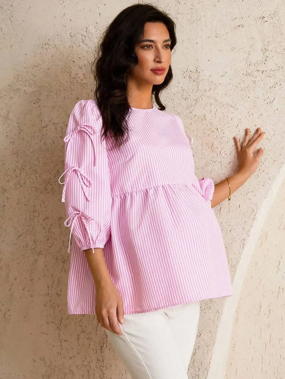 Maternity Striped Bowknot Blouse, Elegant Workwear Casual Pregnancy Top