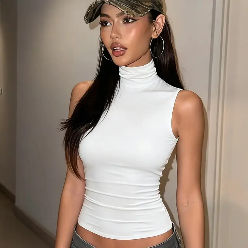 Women's Solid High Neck Turtleneck Cut Out Backless Tank Top, Sleeveless Hollow Slim Fit Crop Top, Casual Sleeveless Knit, Y2K Party Club, Cutout Tank Top