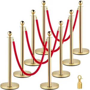 summervibes 8-Piece Gold Crowd Control Stanchion Set for Business, 90cm Steel Posts, 5ft/1.5m Red Velvet Rope, Sturdy Concrete-Metal Base, Flannel, Waterproof Features, Easy-Connect Assembly