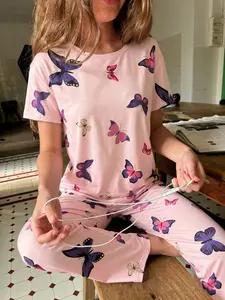 Women's 2-Piece Casual Butterfly Print Pajama Set, Short Sleeve Long Pants, Slim-Fitting Sleepwear for All Seasons, Home Wear