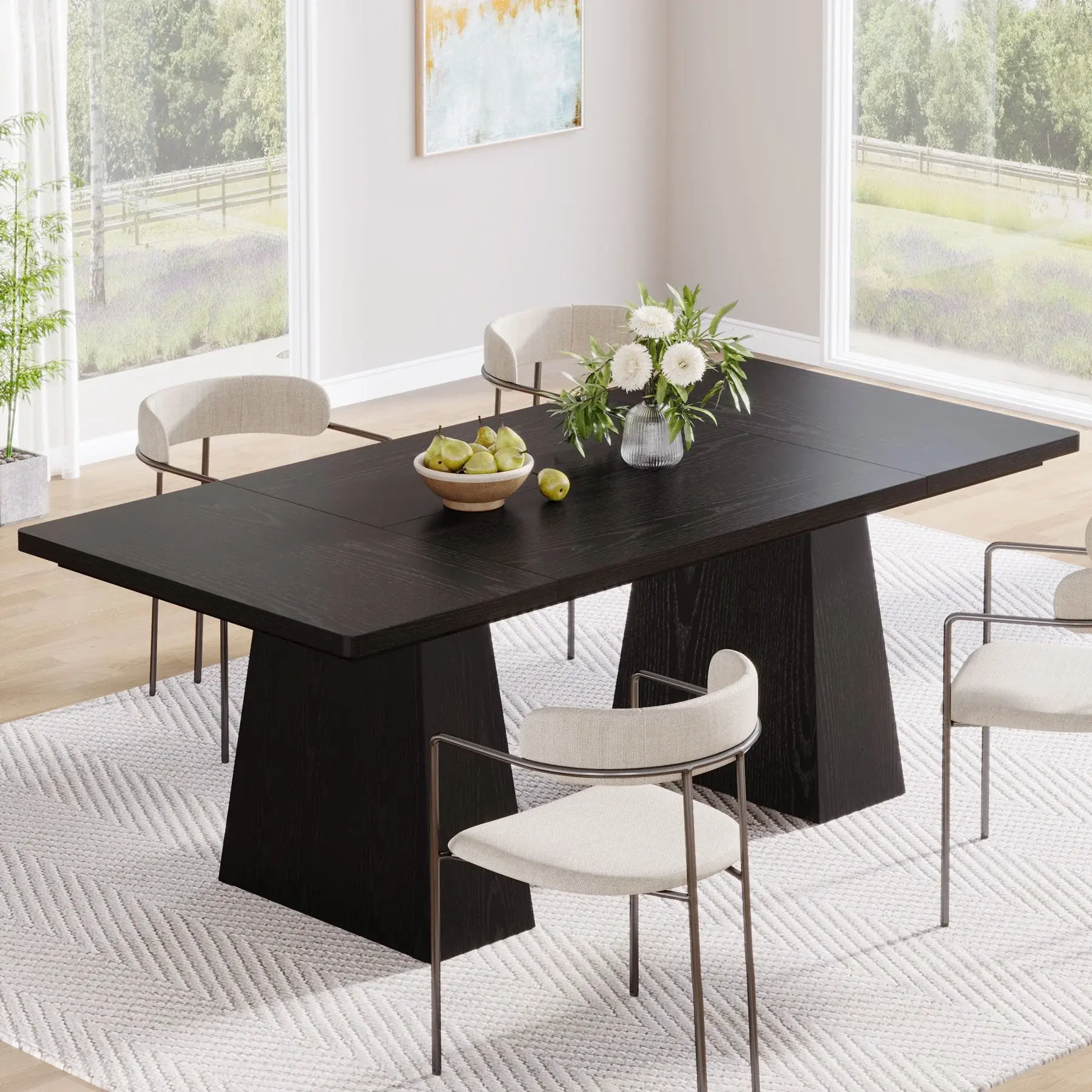 Spaco Dining Table for 4-6, Farmhouse Kitchen Table with Large Tabletop, Rectangular Dinner Eating Table with Double Pedestal for Dining Room, Living Room, Kitchen