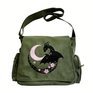 Women’s large-capacity shoulder bag with flap, retro tote crossbody messenger in two colors: black with dragon motif and pink highlights with cherry pattern. Suitable for daily outings, travel, and dates. An excellent gift choice.