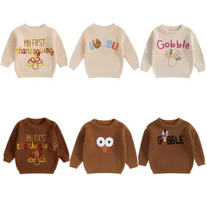 My First Thanksgiving Outfit Baby Boy Girl Cute Turkey Embroidery Cable Knit Sweater Pullover Tops Fall Winter Clothes