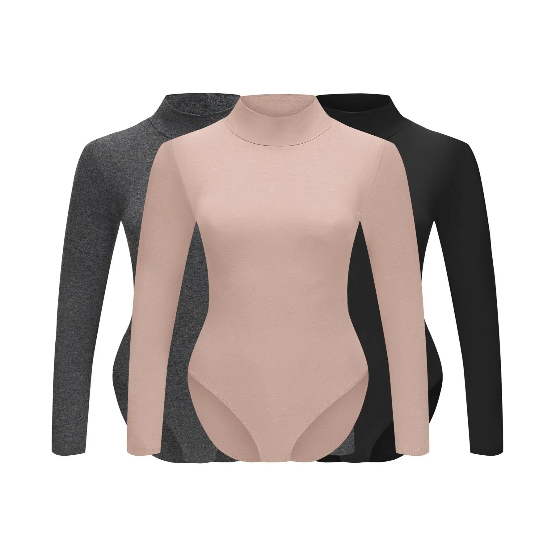 Mock Turtle Neck Long Sleeve Bodysuit (3 Pack: Black, Charcoal, Mocha)
