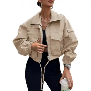 Womens Cropped Bomber Jacket 2026 Trendy Zip Up Lightweight Utility Anorak Coat With Pockets