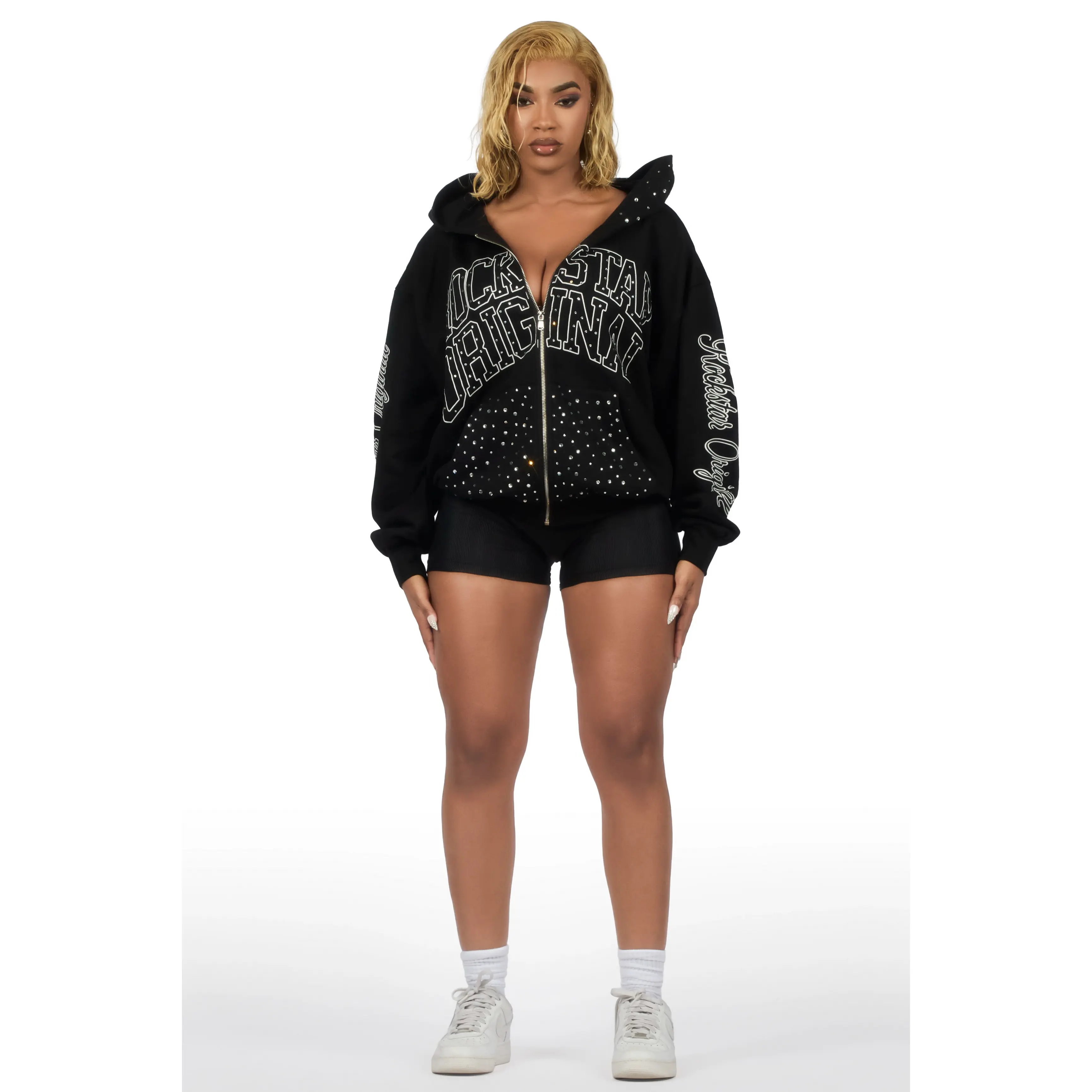 Alvina Black Rhinestone Zip Up Hoodie - TikTok Shop