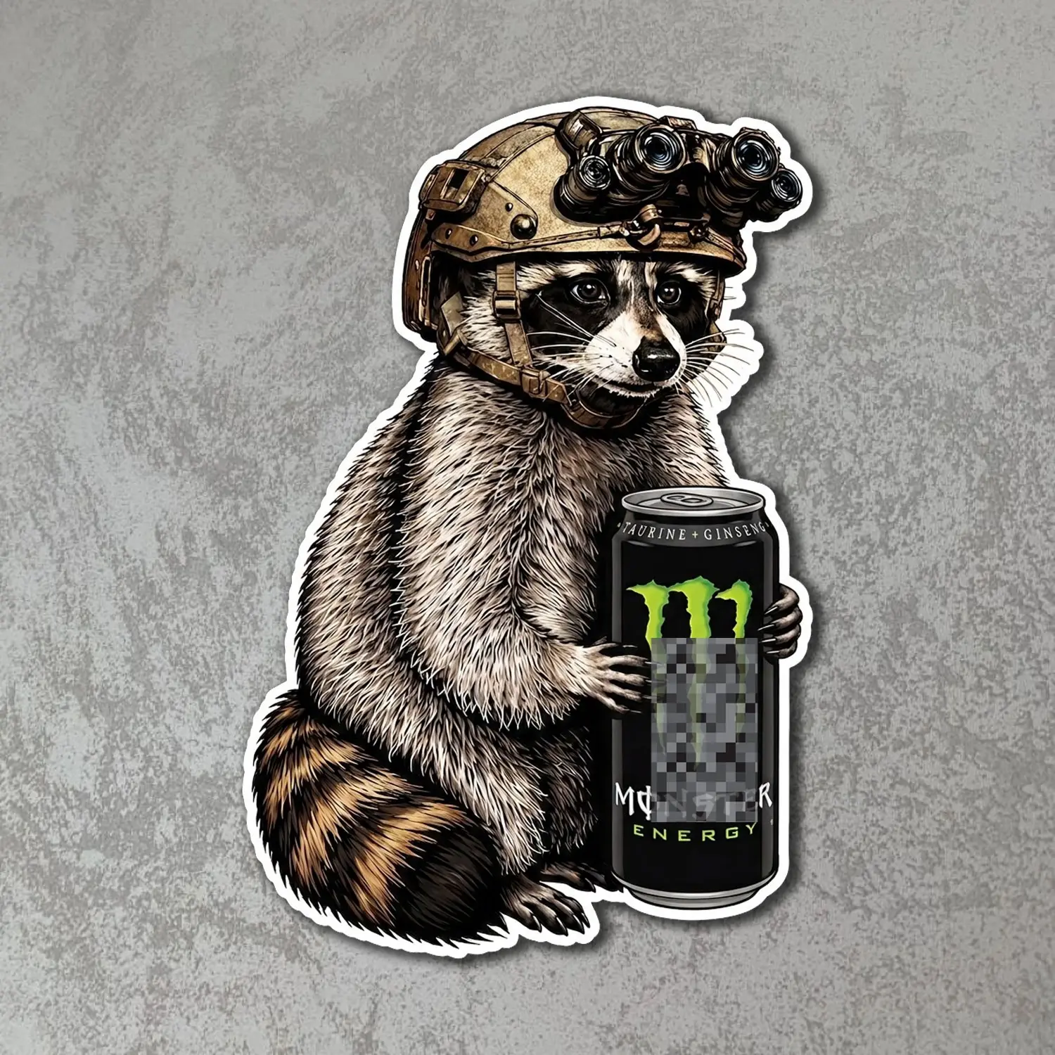 Green Bottle Tactical Raccoon Sticker, Military Style Animal Vinyl Decal, Waterproof Laptop Car Tumbler Gift