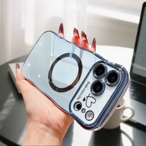 for iPhone 17 Pro Max 16 15 14 13 Case Magnetic, for Women Girls Soft Cute Wave Frame Curly Shape Love Heart Luxury Plating Phone Case Compatible with MagSafe Shockproof Back Cover