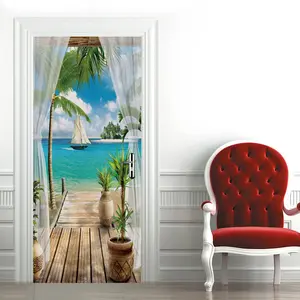 Maldives coastal resort wallpaper stickers, peel and stick waterproof wallpaper decorations, removable PVC decorations, suitable for door sticker decoration in rooms, bathrooms, offices, and kitchens, Decorative Wall Sticker - Size: 38.5CM * 200CM * 2PCS