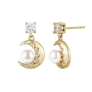 EAMTI Pearl Earrings for Women Trendy 925 Sterling Silver Freshwater Cultured Pearl Moon Drop Earrings Hypoallergenic