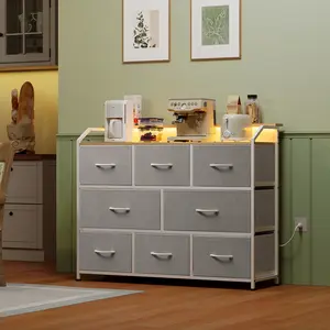 WLIVE Led Dresser for Bedroom, TV Stand for Bedroom with LED Lights and Power Outlet, Wide Chest of Drawers for Hallway, 8 Fabric Drawers for Living Room and Entryway, Rustic Brown