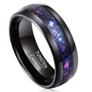 Black Tungsten Sandstone Inlay Ring  8mm Wedding Band Galaxy Sky Starry Cosmic Ring