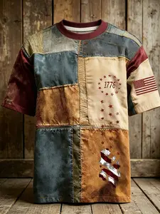 Vintage Patchwork Colorblock Short Sleeve T-Shirt, Usa Independence Day Print, American High Street Style, Casual Men's Top
