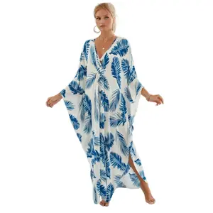 Plus Size Mumu Dresses for Women - Boho Batwing Sleeve Caftan with Side Slits, Long Moo Moo Nightgown & Beach Cover Up - Blue Leaf