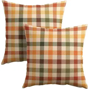 Fall Plaid Pillow Covers 20x20 inch Set of 2 Brown Orange Buffalo Check Thanksgiving Decorative Outdoor Throw Pillow Covers Famliy Decoration for  Living Room Couch Sofa