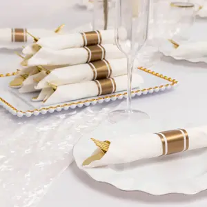 Set of 24 Plastic Silverware with Pre-Rolled White Paper Napkins Gold - Disposable Wrapped Cutlery Set