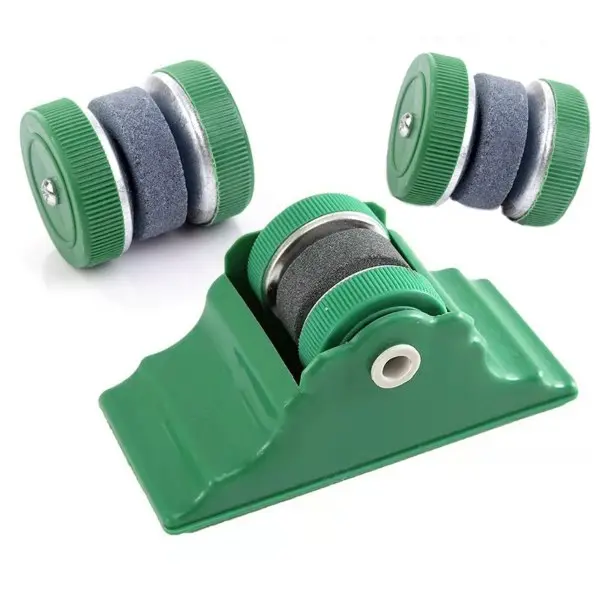 Compact Plastic Portable Self-Adhesive Kitchen Knife Sharpener - Ergonomic Sturdy Tool with 1 Base Roller, 2 Coarse Grooved Steel Wheels, Labor-Saving Dual-Use Sharpening for Knives, Kitchen, Outdoors (Natural Jade Component)