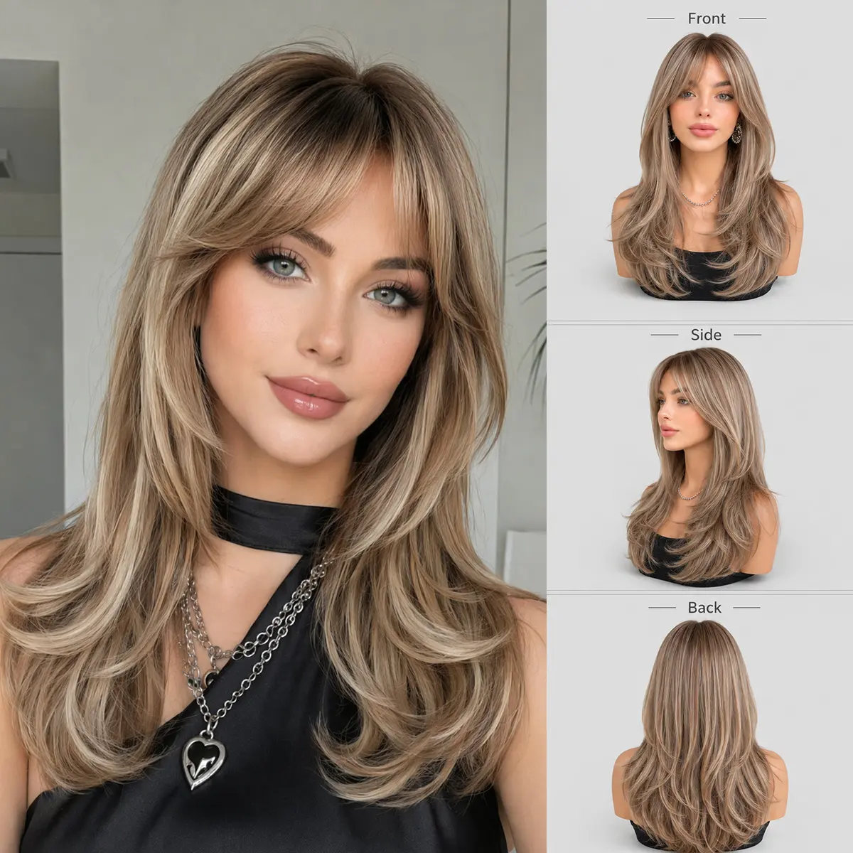 Women's Synthetic Heat-Resistant Full Wig, Long Wavy Voluminous Lazy Style with Gradient Caramel Color, Champagne Gold Highlights, Realistic 8-Character Bangs, Glueless Machine-Made Synthetic Hair Wig