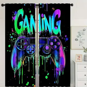2pcs Game Controller Pattern High-Definition Digital Print Curtains, Home Textile, Polyester Material, Semi-Transparent Privacy Protection, Washable, Bedroom & Living Room Decor
