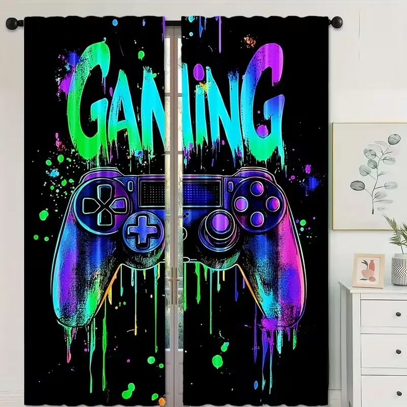 2pcs Game Controller Pattern High-Definition Digital Print Sheer Printed Window Curtains, Home Decorative Curtain, Home Textile, Polyester Material, Semi-Transparent Privacy Protection, Washable, Bedroom & Living Room Decor