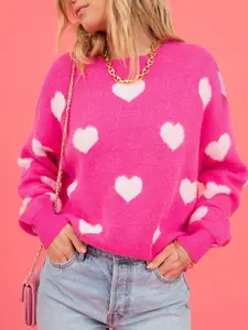 Women's Casual Heart Pattern Round Neck Long Sleeve Knit Sweater Pullover Knitwear, Fall Winter Fashion, Cozy and Stylish