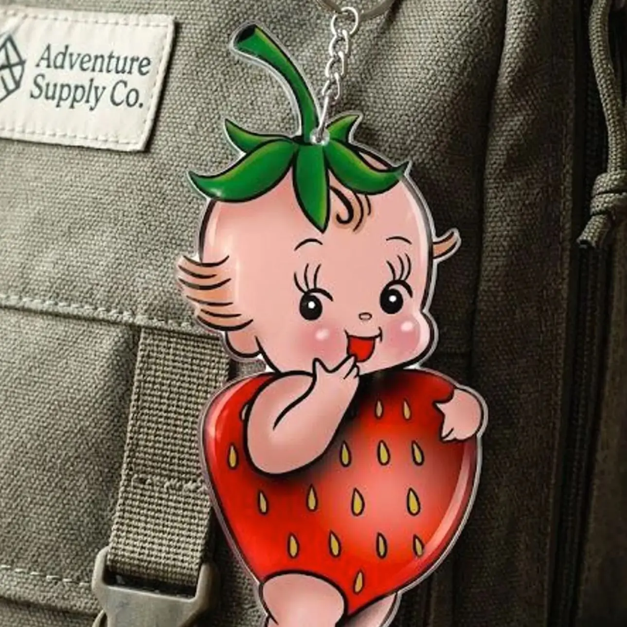 Strawberry Kewpie Acrylic Keychain, Retro Kitsch Bag Charm, Kawaii Berry Accessory