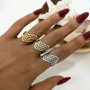 Stainless Steel Wave Line Rings for Women Men Creative Gold Color Adjustable Opening Rings Female Statement Jewelry Gifts