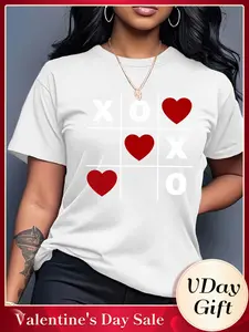 Valentine's Day Xoxo Pin Chess Cream Color Print cotton T-Shirt, Best Selling Must-Have Item, Fashionable Loose Street Casual Wear