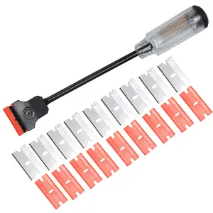 12" Long Reach Extension Scraper Long Razor-blade Scraper Extra Long Sticker Scraper with 10PCS Double Edged Plastic Razor Scraper Blades and 10PCS Carbon Steel Razor Scraper Blades