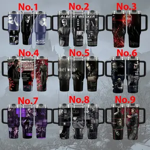 Albert Wesker RE 40oz Tumbler (Theme box not included), Enemy Leon S.Kennedy Resident E Inspired Steel Tumbler, Umbrella Gift For Gaming Lovers Tumbler with Handle, Black Water Bottle