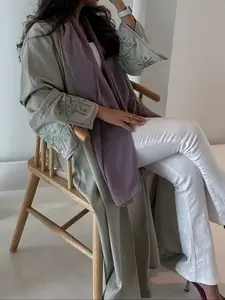 Elegant Embroidered Turkish Abaya Dress, Floral Sleeve Design, Light Polyester Fabric, Women's Open Front, Casual & Formal Wear